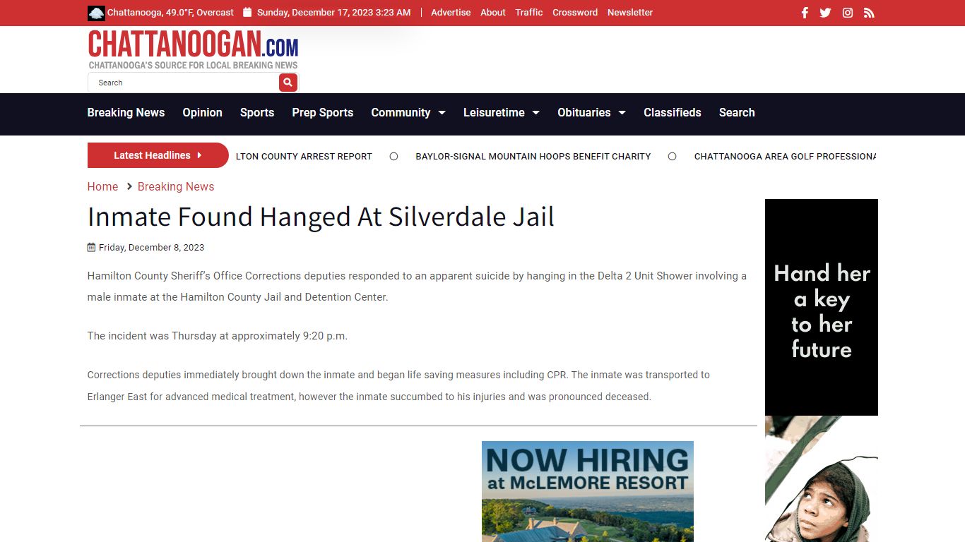 Inmate Found Hanged At Silverdale Jail - Chattanoogan.com